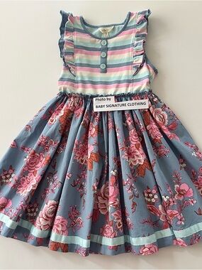 Matilda Jane Girls 10 Blue Pink Floral Twirl Ruffle Dress